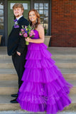 Princess Strapless Purple Prom Dress A Line Evening Gowns with Ruffles GP726