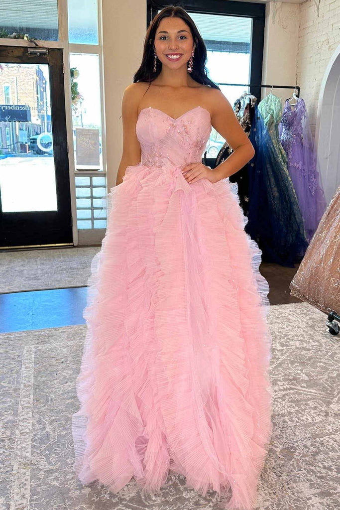 Princess Sweetheart Pink Ruffle Tulle Long Prom Dress With Beaded Pearl GP699