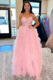 Princess Sweetheart Pink Ruffle Tulle Long Prom Dress With Beaded Pearl GP699