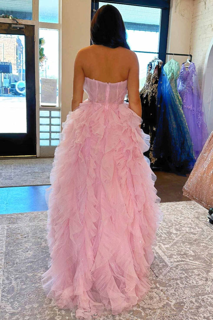Princess Sweetheart Pink Ruffle Tulle Long Prom Dress With Beaded Pearl GP699