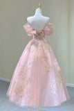 Princess Tea Length Floral Lace Tulle Prom Party Dress, Pink Graduation Dress GP694