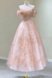 Princess Tea Length Floral Lace Tulle Prom Party Dress, Pink Graduation Dress GP694