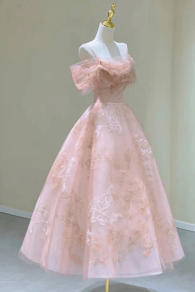 Princess Tea Length Floral Lace Tulle Prom Party Dress, Pink Graduation Dress GP694