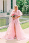 Princess Two-Piece Puffy Sleeves Pink Prom Dresses, Layers Tulle Graduation Dress with Slit GP593