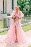 princess two piece puffy sleeves pink prom dresses layers tulle graduation dress with slit