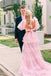 princess two piece puffy sleeves pink prom dresses layers tulle graduation dress with slit