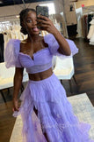 princess two piece puffy sleeves pink prom dresses layers tulle graduation dress with slit