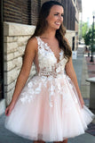 Princess V-neck Pink Short Prom Dresses, Tulle With Applique Homecoming Dress GM108