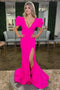 Puff Sleeves Hot Pink Mermaid Long Prom Dress with Slit, Long Evening Dress GP655