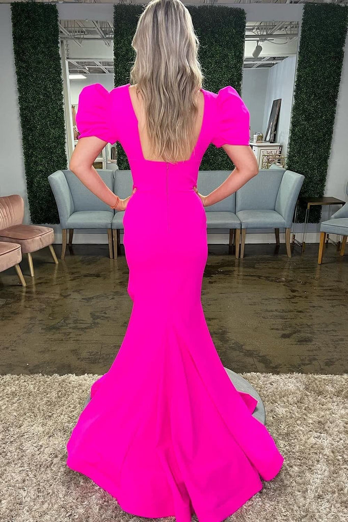 Puff Sleeves Hot Pink Mermaid Long Prom Dress with Slit, Long Evening Dress GP655