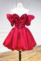 Puffy Satin Short Sleeves Red Prom Dresses, Cute Short Homecoming Dress GM626