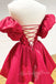 puffy satin short sleeves red prom dresses cute short homecoming dress