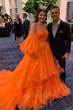 Puffy Sleeves Sweetheart Orange Organza Prom Dress Layers Evening Gowns GP723