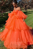 Puffy Sleeves Sweetheart Orange Organza Prom Dress Layers Evening Gowns GP723