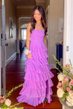 Purple Chiffon Ruffle Slit Long Prom Dress Strapless Backless Formal Dress GP816