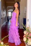 Purple Chiffon Ruffle Slit Long Prom Dress Strapless Backless Formal Dress GP816