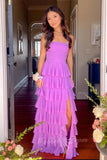 Purple Chiffon Ruffle Slit Long Prom Dress Strapless Backless Formal Dress GP816