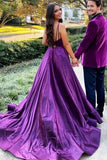 Elegant Purple Spaghetti Straps A Line Satin Long Prom Dress with Split GP711