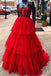 Red Corset Tulle Tiered Prom Dresses A-line Long Formal Dress GP675