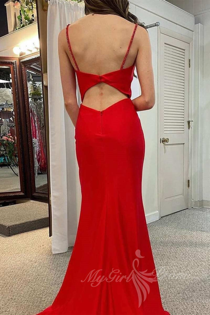 red cowl neck cutout back ruching long prom dress simple evening gown with slit