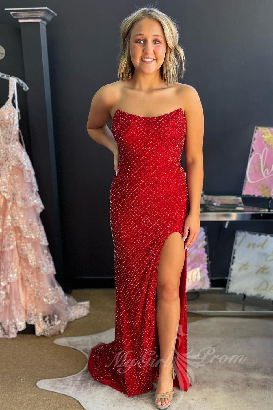 Red Fitted Strapless Beaded Grid Long Prom Dresses, Slit Evening Gowns GP514