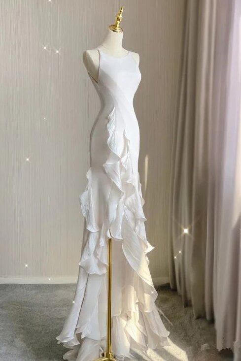 Romantic Chiffon Sheath Wedding Dresses With Ruffles, Long Prom Evening Dress PW551