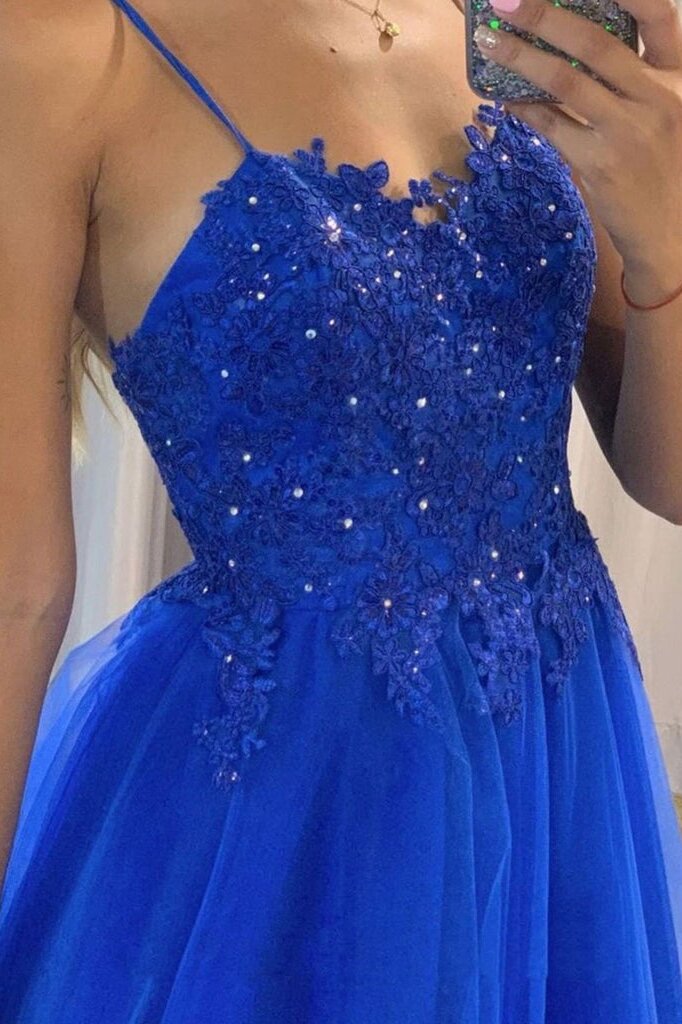 spaghetti straps royal blue lace tulle long formal prom dresses