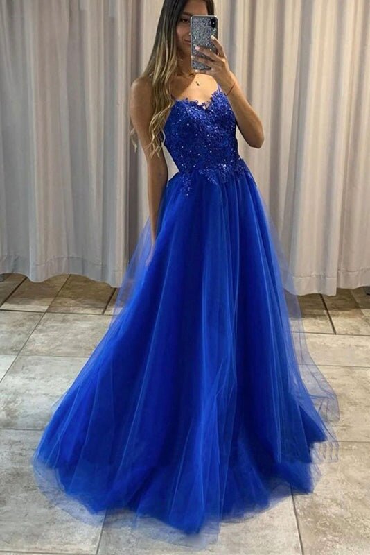 spaghetti straps royal blue lace tulle long formal prom dresses