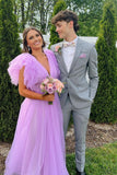 Ruffled Sleeves Lilac Tulle V-neck Prom Dresses Long Backless Formal Dress GP674