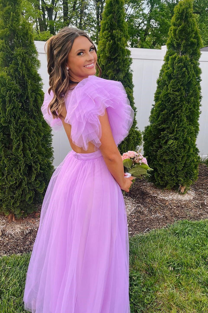 Ruffled Sleeves Lilac Tulle V-neck Prom Dresses Long Backless Formal Dress GP674