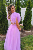 Ruffled Sleeves Lilac Tulle V-neck Prom Dresses Long Backless Formal Dress GP674