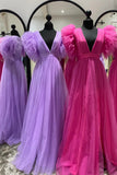 Ruffled Sleeves Lilac Tulle V-neck Prom Dresses Long Backless Formal Dress GP674