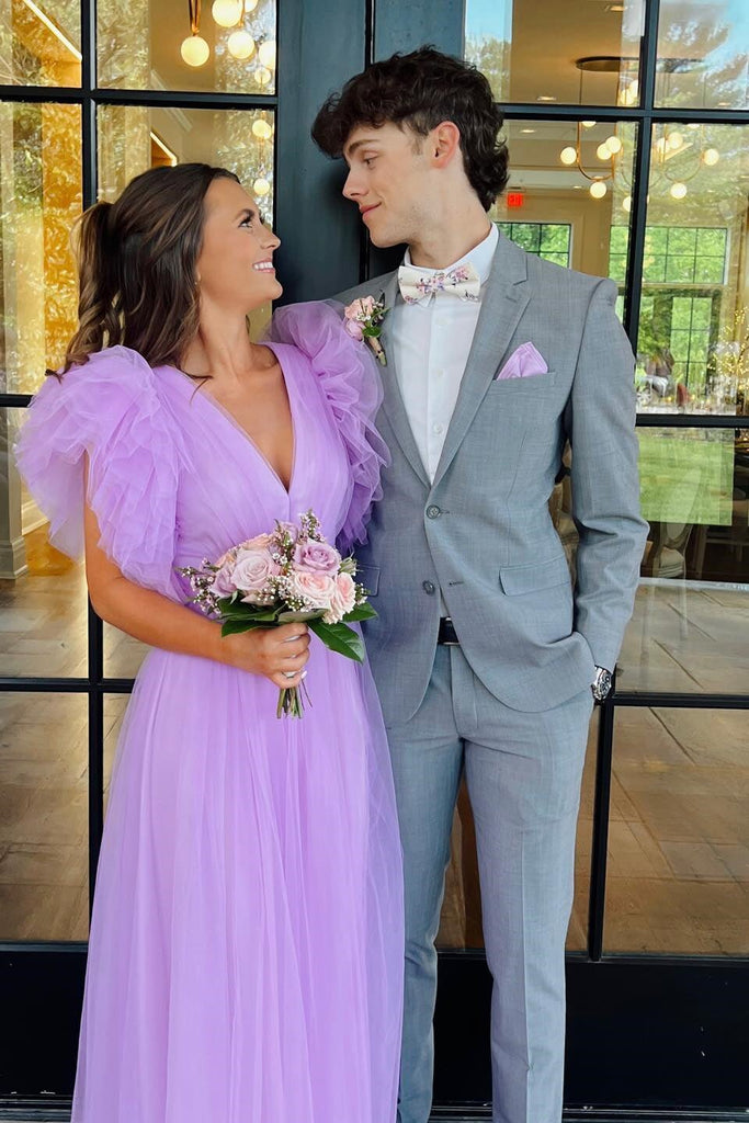 Ruffled Sleeves Lilac Tulle V-neck Prom Dresses Long Backless Formal Dress GP674