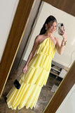 Ruffles Layered Halter Yellow Chiffon A-line Long Prom Formal Dress GP818