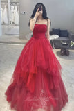 Ruffles Puffy Tulle Prom Dress A Line Burgundy Strapless Evening Gowns GP718