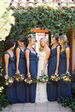 Ruffles V-neck Sleeveless Navy Blue Long Bridesmaid Dresses GB380