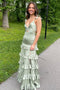 Sage Bra knotted Ruffles Tiered Prom Dress Sheath Slit Formal Gown GP680