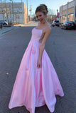 Satin Pink Prom Dress with Appliques Pockets, Long Formal Evening Dresses MG14
