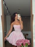 Satin Pink Short Homecoming Dress Ruched Strapless Bubble Party Dresses GM741