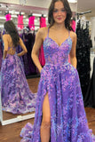 Sequin Appliques Purple V Neck Prom Dress A Line Tulle Slit Formal Dress GP741