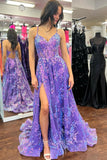 Sequin Appliques Purple V Neck Prom Dress A Line Tulle Slit Formal Dress GP741