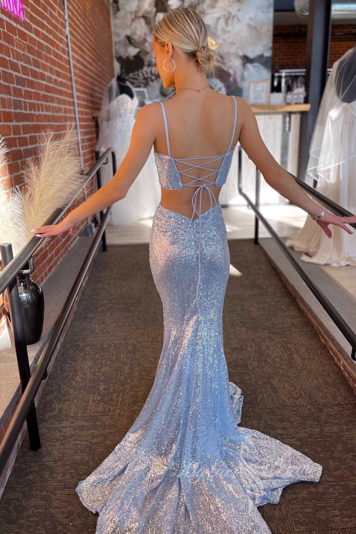 Sequin Light Blue Cut-Out Lace-Up Prom Dress, Mermaid Long Evening Gown GP582