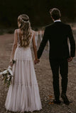 Sheer Neck Tulle A-line Wedding Dress, Appliques Beach Bridal Gown PW467