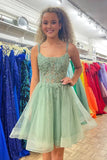 Shiny Green Tulle Homecoming Dress With Appliques, Glitter Short Party Dress GM673