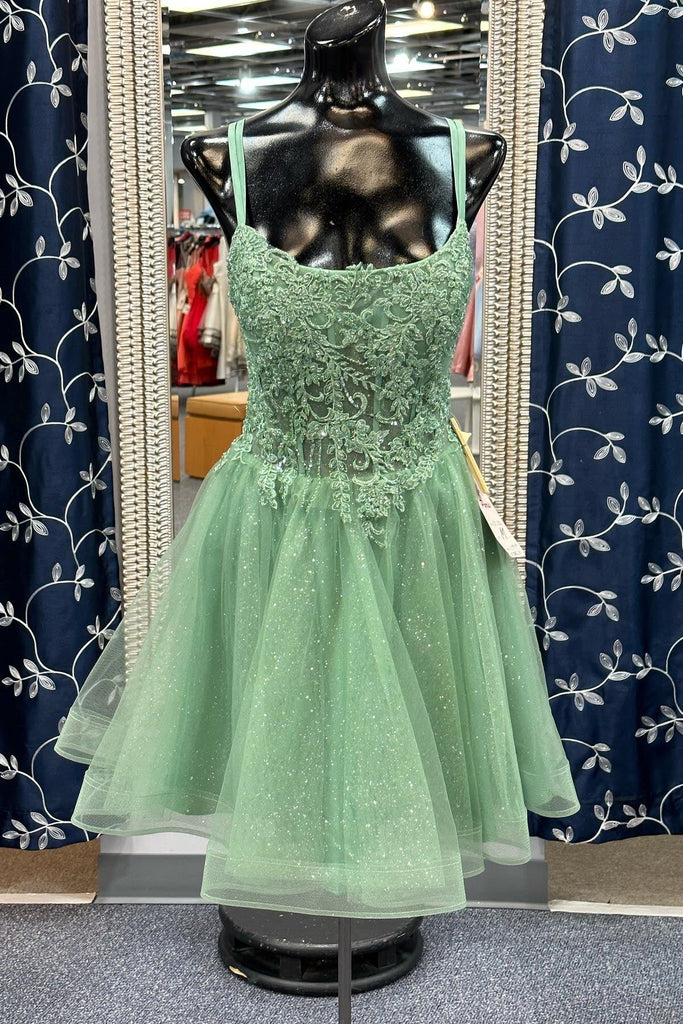 Shiny Green Tulle Homecoming Dress With Appliques, Glitter Short Party Dress GM673