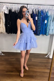 Shiny Straps Blue Tiered Homecoming Dress, A-line Short Prom Dresses GM689