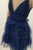 Shiny Straps Blue Tiered Homecoming Dress, A-line Short Prom Dresses GM689