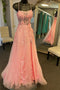 Shiny Straps Pink 3D Floral A-line Long Prom Formal Dress With Slit GP689
