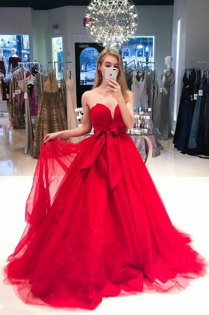 Shiny Sweetheart Red V-Neck Tulle Long Prom Dress With Bow Formal Gown GP697