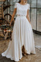 Short Sleeves Bateau Lace Satin Two Piece Bohemian Wedding Dress PW569